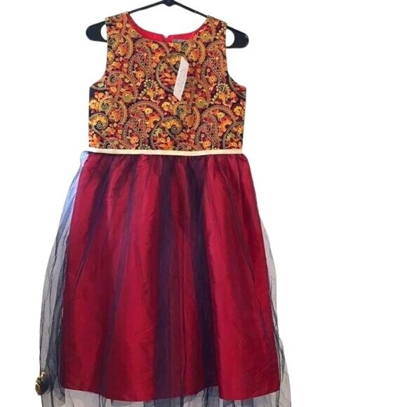 ATUN Girls Red & Navy Embroidered Dress With Tulle Overlay Size 13-14Y - Picture 1 of 9